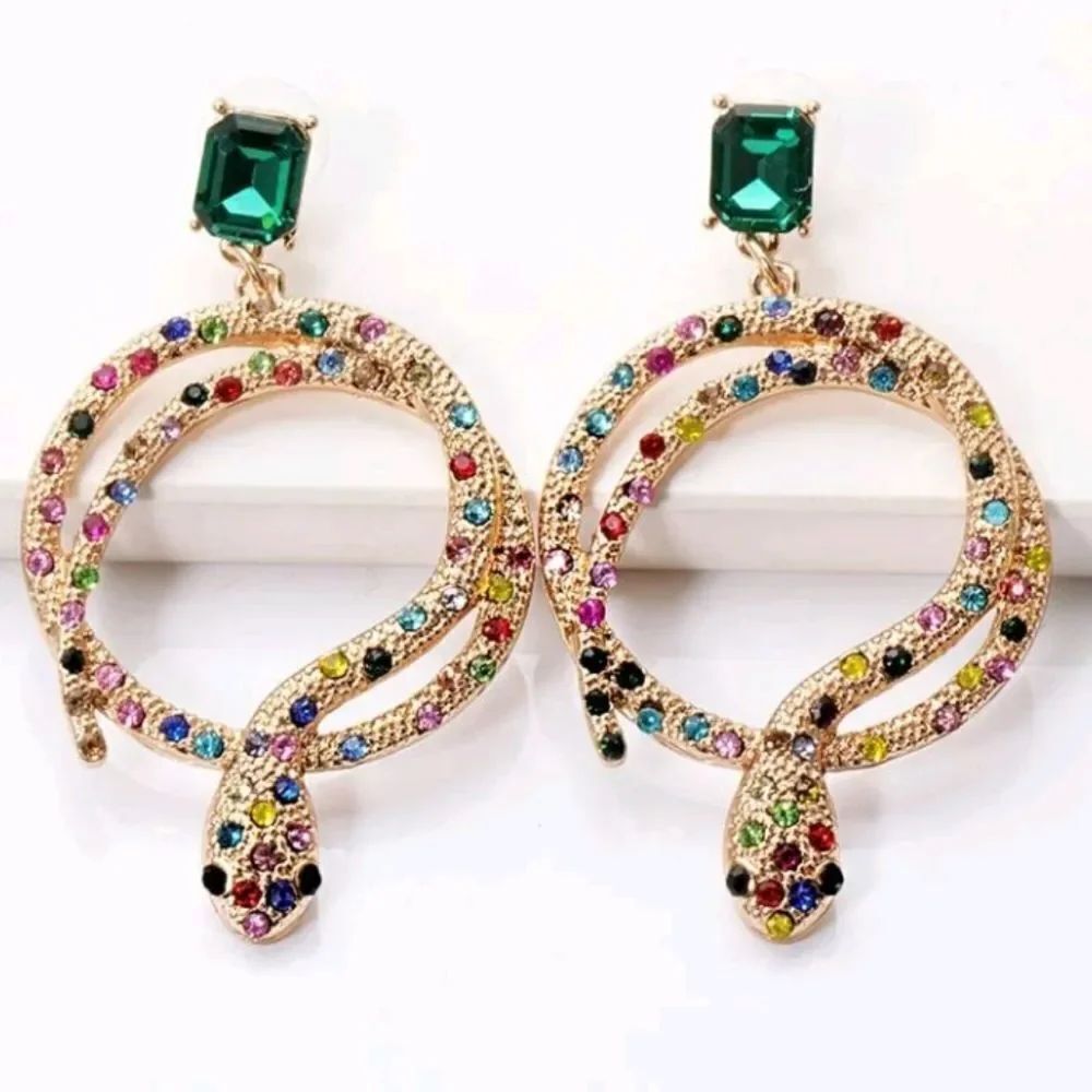 Gold Snake Hoop Earrings with Rainbow Rhinestones
